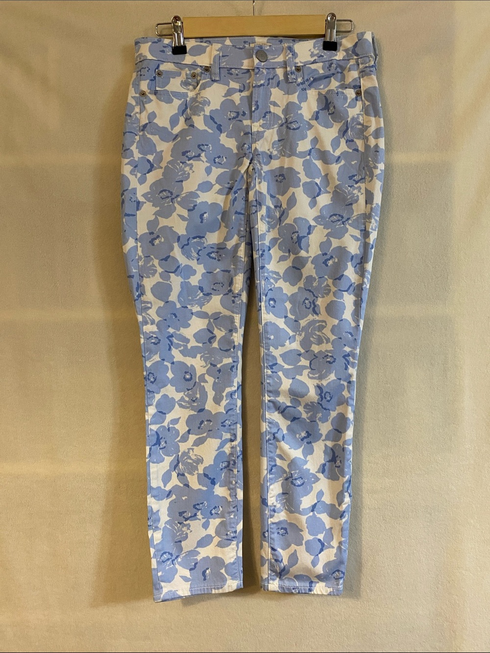 J. Crew blue & white floral print cotton spandex blend twill skinny jeans